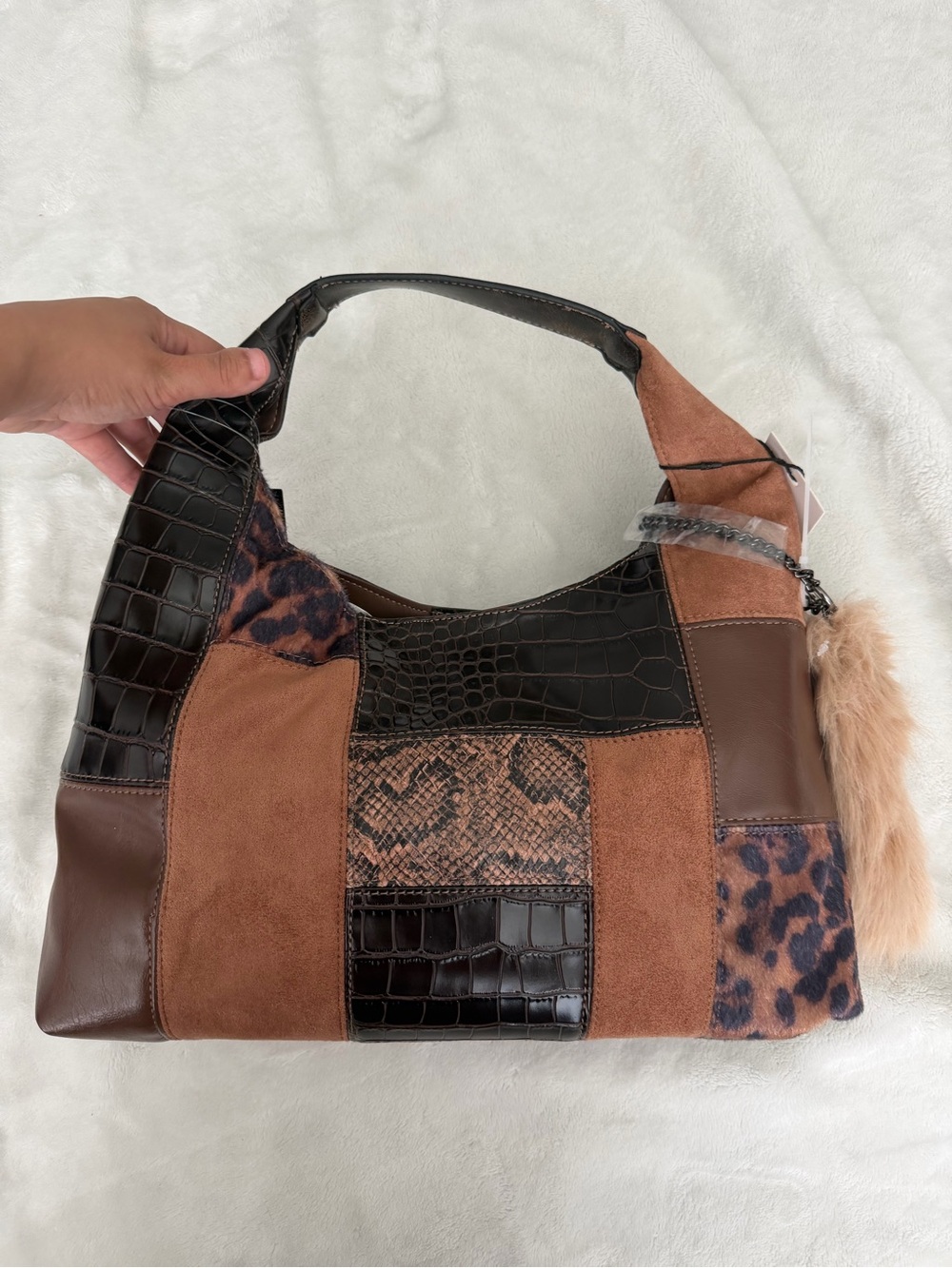 Steve Madden Brown Patchwork Shoulder Bag with Leopard Accents